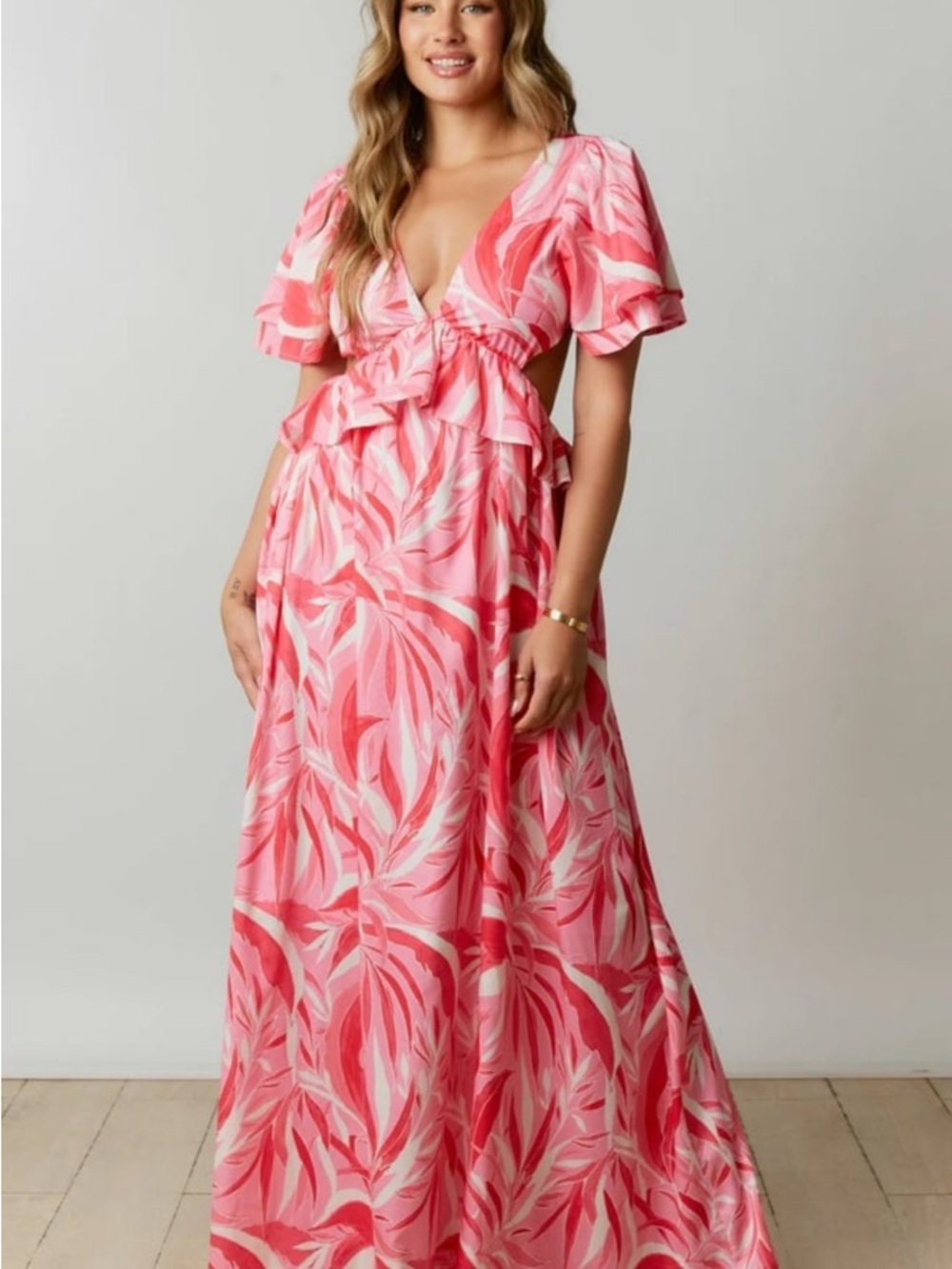 Pink Swirl V-Neck Ruffle Maxi Dress - Picture 4 of 4